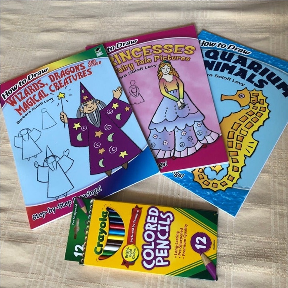 Easy How to Draw Book Set and Colored Pencils Wizards Sea Life Princesses